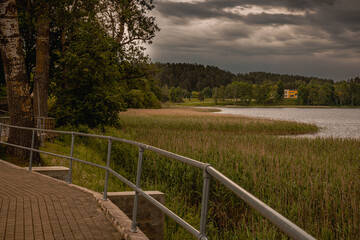 Fototapeta premium A beautiful lake in a forested area with aquatic plants, canes, reeds and trees on the shore under cloudy stormy sky