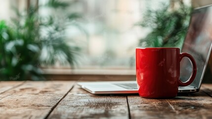 A warm red mug sits on a rustic wooden table next to an open laptop, merging comfort and productivity, inviting a moment of relaxation in a workspace ambiance.