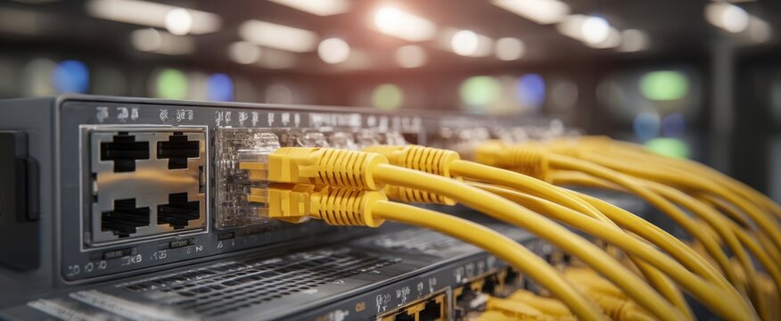 The modern network server with connected yellow ethernet cables in a data center