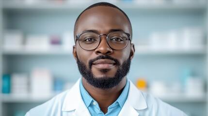 A focused pharmacist with glasses stands confidently in a well-organized pharmacy setting, exuding professionalism and dedication to health and wellness.
