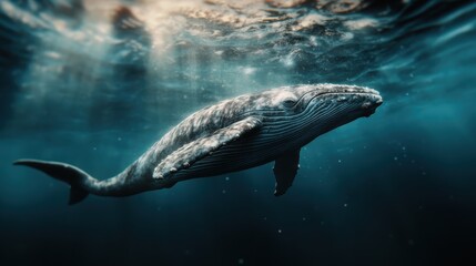 A captivating image of a humpback whale swimming gracefully underwater, showcasing its grandeur and the beauty of marine life in a serene environment.