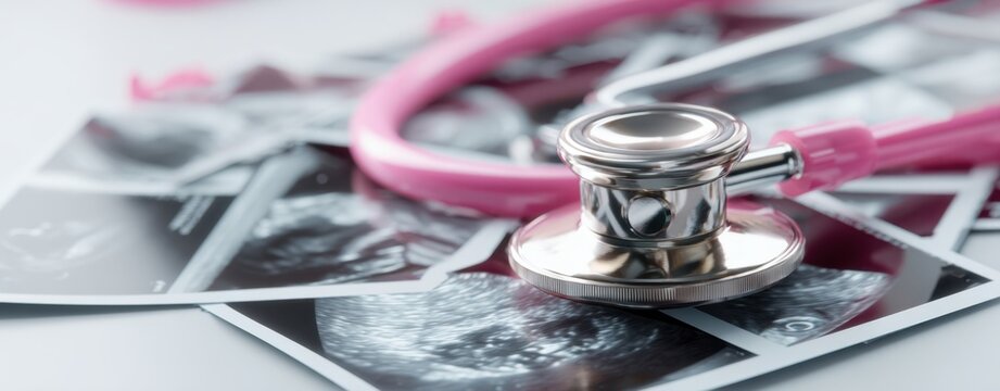 The stethoscope atop ultrasound images illustrating maternal health and care.