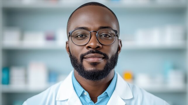 A focused pharmacist with glasses stands confidently in a well-organized pharmacy setting, exuding professionalism and dedication to health and wellness.