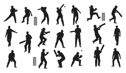 A Comprehensive Collection of Batsmen, Bowlers, Fielders, and Wickets in Diverse Game Poses, Illustrating Team Sport
