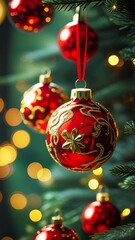Red Christmas Ball Ornaments on a Decorated Holiday Tree
