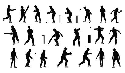 Silhouettes of Batsmen, Bowlers, and Fielders in Various Action Poses, Featuring Wickets and Balls, Capturing the Game's Intensity