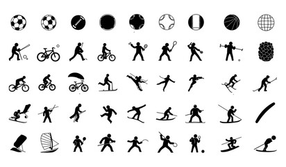 Diverse Silhouettes of Athletes and Equipment from Various Sports, Including Balls, Cycling, Skiing, and Combat