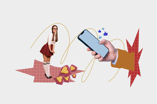 Composite zine pop trend collage of happy girl guy stand phone device screen thumb up like reaction social media follower - Powered by Adobe