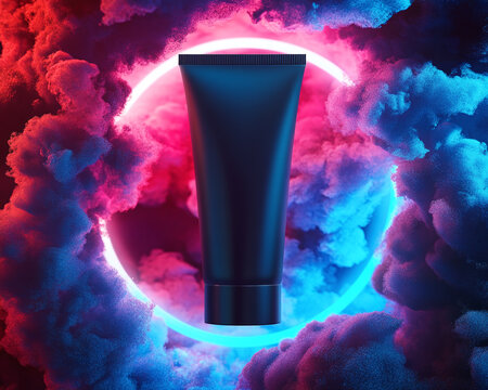 Black tube among textured smoke clouds and ring neon lamp. Mystic horizontal mockup of cream or mask for colored hair. Creative presentation of cosmetic plastic packaging with red blue backlight