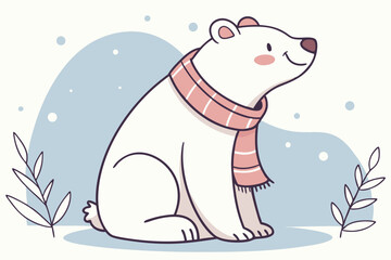 Obraz premium Cute polar bear with striped scarf sitting in snow with winter foliage vector