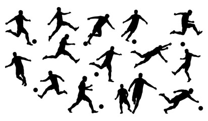Dynamic Collection of Soccer Player Silhouettes in Action – Featuring Kicking, Running, Goalie Saves, and Various Game Poses for Sports and Athletic Designs
