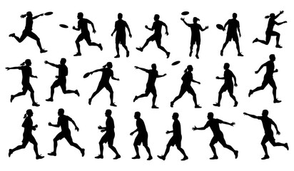 Dynamic Collection of Ultimate Frisbee Player Silhouettes – Featuring Male and Female Athletes in Various Running, Throwing, and Catching Poses for Sports and Fitness Designs