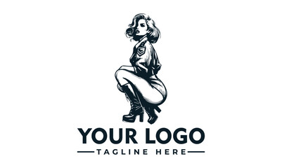 Stylish pin-up girl logo design, monochrome illustration, crouched pose, vintage aesthetic.
