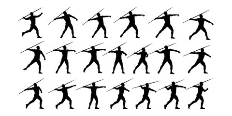Dynamic Sequence of Javelin Thrower Silhouettes – Capturing Various Phases of the Athletic Discipline, Ideal for Sports, Fitness, and Olympic Event Designs