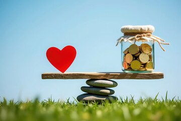 Balancing Act Heart and Money on Scales of Stacked Stones Symbolizing Equilibrium and Harmony in Life's Priorities and Financial Well-being