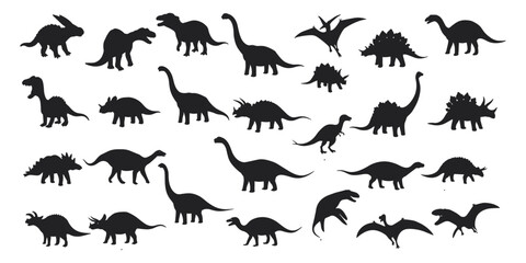 Naklejka premium Diverse Silhouettes of Dinosaurs and Prehistoric Animals for Educational Use, Science Illustration, Vector Art, and Fossil-Themed Designs, Black Icon Collection