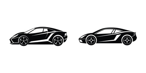 Futuristic Sports Car Side View Racing Into Distance Silhouette on White Background