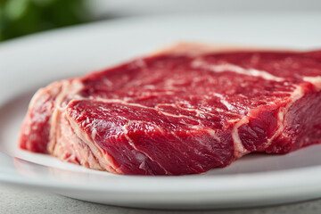 Raw beef sirloin steak on a clean white plate. Close-up detail showing texture and marbling