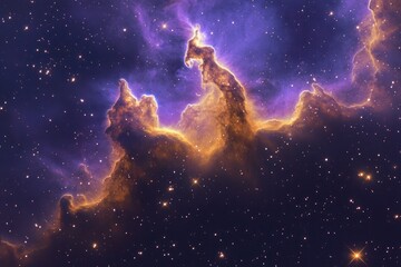 Fototapeta premium Cosmic nebula, swirling hues of gold and purple, scattered stars
