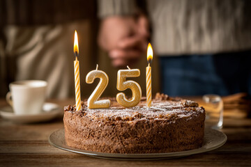 Anniversary cake with candles and "Happy 25th Anniversary" written on it, couple holding hands in background.