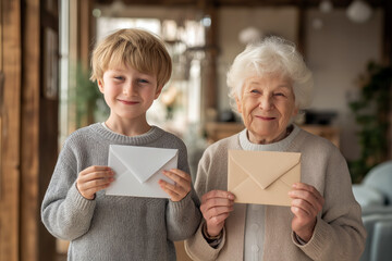 Smiling young boy and elderly woman stand side by side indoors, each holding an envelope, sharing a sweet moment that suggests a special card exchange or celebration.
