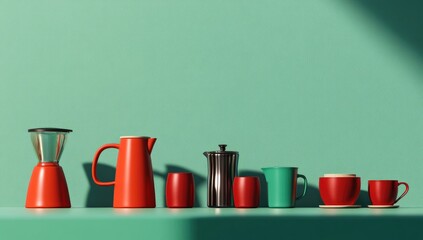 Row of colorful coffee brewing and serving items against a mint green backdrop