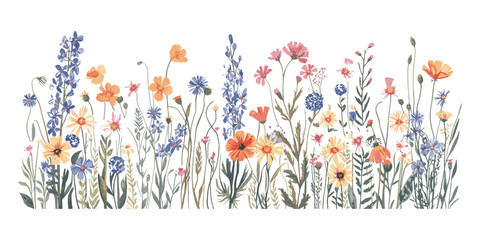 Beautiful watercolor wildflower border with colorful meadow blossoms, botanical floral pattern, spring and summer nature illustration isolated on white background