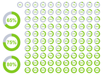 Flat green circular progress icons from 0 to 100 percent. Clean, simple design ideal for UI, dashboards, presentations, data visuals, and infographic elements.