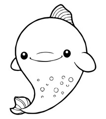 Black and white cartoon image of a cute smiling fish with circles on its body and rounded features