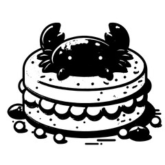 Black and white drawing of a crabtopped cake with pearls and a rough texture
