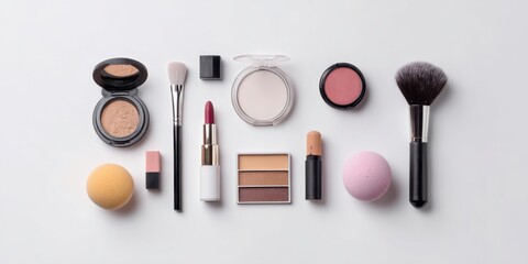 The elegant arrangement of beauty products and makeup essentials on white background.