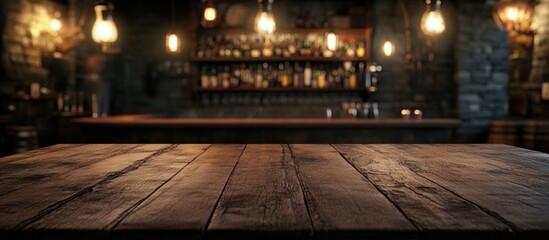 Rustic wooden table in front of a dimly lit bar (1)