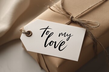 Gift tag with "To my love" written in simple calligraphy, tied to a neutral-colored wrapped box, white background, minimal presentation.