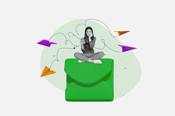 Full 3d artwork poster image collage of happy girl guy stand newsletter notification message speech...