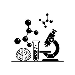 Black and white sciencerelated vector icons of a brain test tube microscope and molecules
