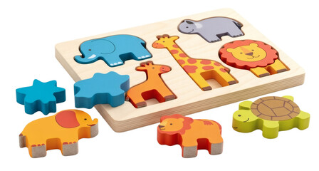 Wooden animal puzzle for toddlers educational toy giraffe elephant lion hippo turtle learning toy for kids on transparent background