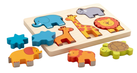 Wooden animal puzzle for toddlers educational toy giraffe elephant lion hippo turtle learning toy for kids on transparent background