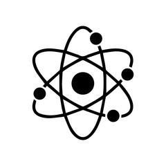 Black atomic symbol with a dark central nucleus and orbiting electrons on a white background