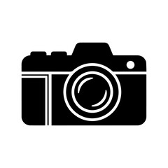 Black digital camera silhouette with lens and button on a white background