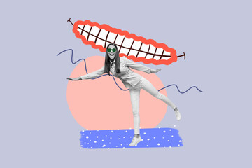 Banner 3d image pop vertical collage of happy shocked girl guy stand mouth show teeth grimace stomatology brainwash gossip abuse