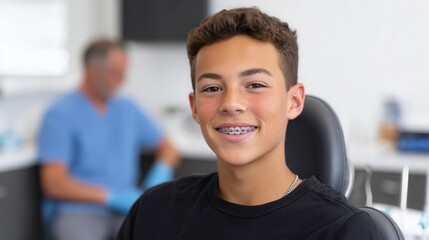 Smiling hispanic teen wearing braces at dental checkup.
