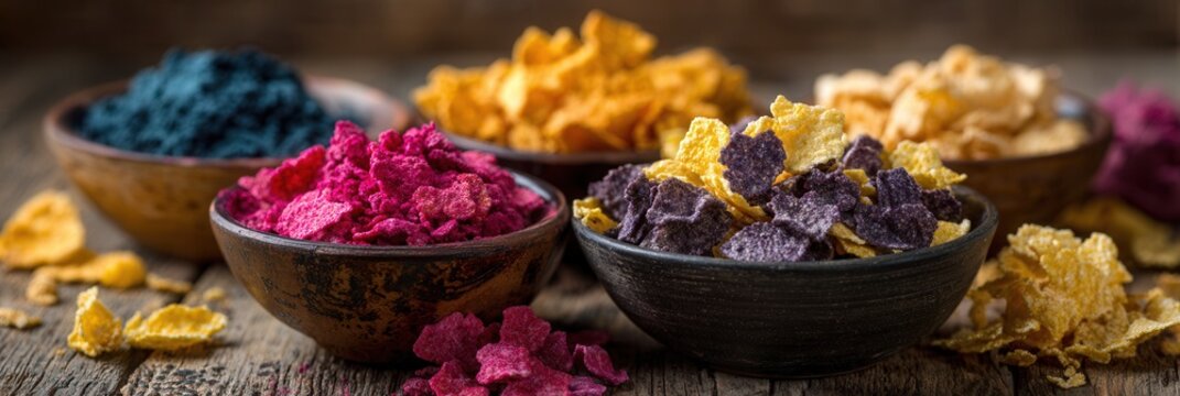 Colorful assorted corn flakes in rustic wooden bowls on wooden table.