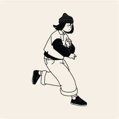 Stylish Girl in Motion Black and White Line Art Illustration