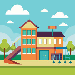 School building with surrounding greenery illustration