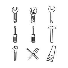 Black outline vector illustration of tools wrenches screwdrivers hammer mallet pliers saw organized in three rows