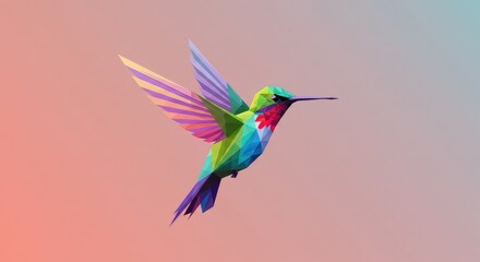 Obraz premium A colorful polygonal hummingbird in flight against a soft gradient background