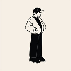 Stylish Man in Baseball Cap and Bomber Jacket Line Art Illustration