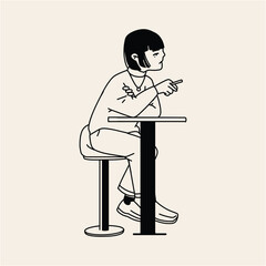 Stylish Girl at a Cafe, Minimalist Line Art Illustration
