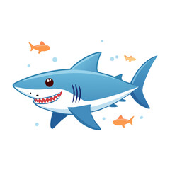 Obraz premium A cartoon shark smiling and swimming with small fish