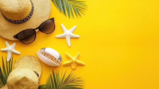 A yellow background with a straw hat, sunglasses, and starfishes.